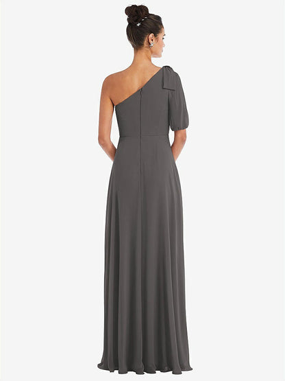 【STYLE: TH048】Bow One-Shoulder Flounce Sleeve Maxi Dress【COLOR: Caviar Gray】