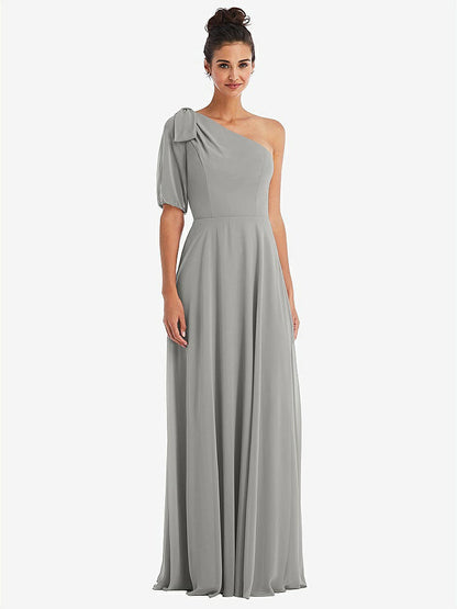 【STYLE: TH048】Bow One-Shoulder Flounce Sleeve Maxi Dress【COLOR: Chelsea Gray】