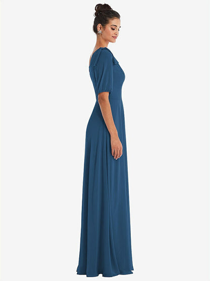 【NEW】【STYLE: TH048】弓 ワンショルダー フラウンス 袖 マキシ ドレス【COLOR: Dusk Blue】【SIZE: 00-30W】