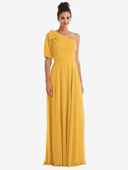 【STYLE: TH048】Bow One-Shoulder Flounce Sleeve Maxi Dress【COLOR: NYC Yellow】