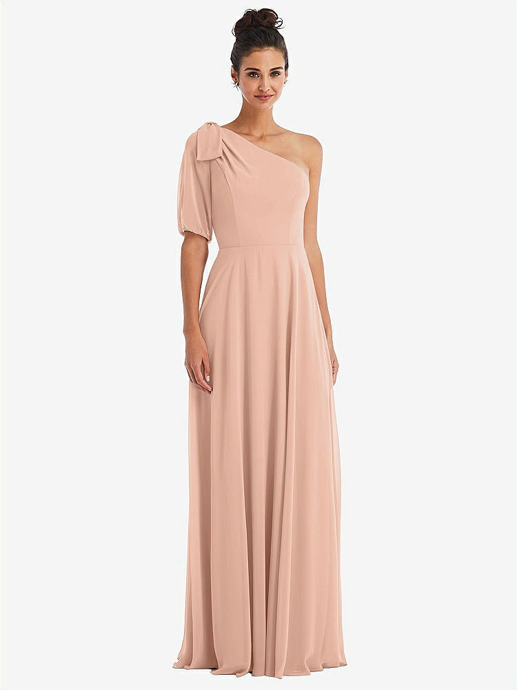 【STYLE: TH048】Bow One-Shoulder Flounce Sleeve Maxi Dress【COLOR: Pale Peach】