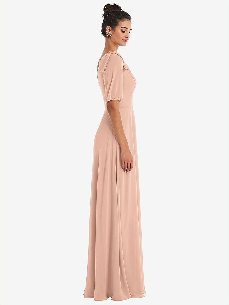【STYLE: TH048】Bow One-Shoulder Flounce Sleeve Maxi Dress【COLOR: Pale Peach】