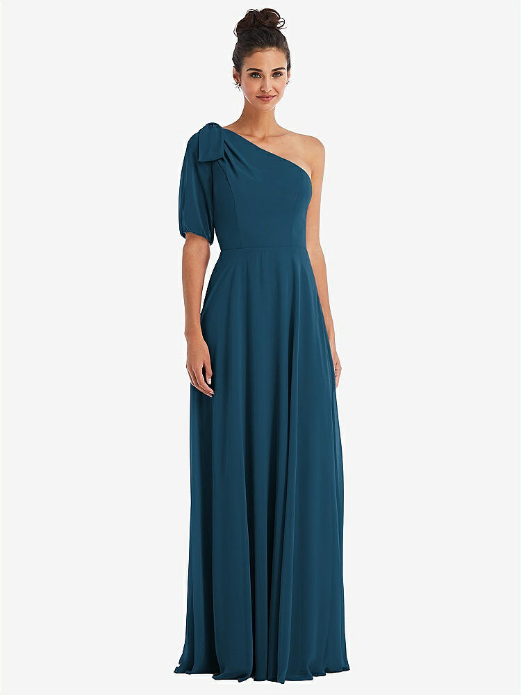 【STYLE: TH048】Bow One-Shoulder Flounce Sleeve Maxi Dress【COLOR: Atlantic Blue】