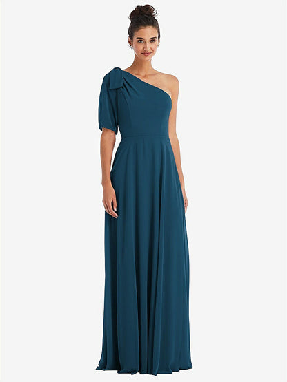 【STYLE: TH048】Bow One-Shoulder Flounce Sleeve Maxi Dress【COLOR: Atlantic Blue】