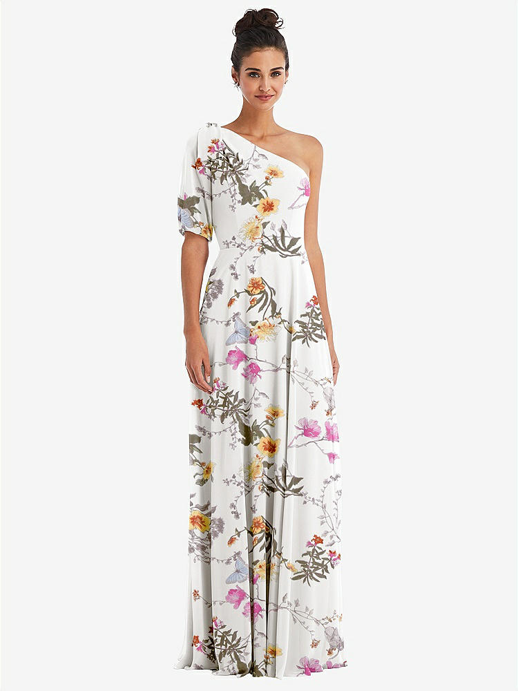 【NEW】【STYLE: TH048】弓 ワンショルダー フラウンス 袖 マキシ ドレス【COLOR: Butterfly Botanica Ivory】【SIZE: 00-30W】