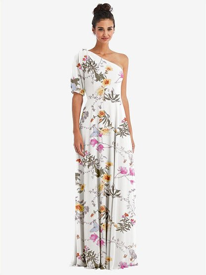 【STYLE: TH048】Bow One-Shoulder Flounce Sleeve Maxi Dress【COLOR: Butterfly Botanica Ivory】