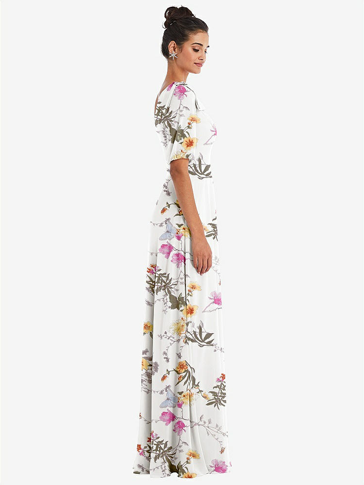 【STYLE: TH048】Bow One-Shoulder Flounce Sleeve Maxi Dress【COLOR: Butterfly Botanica Ivory】