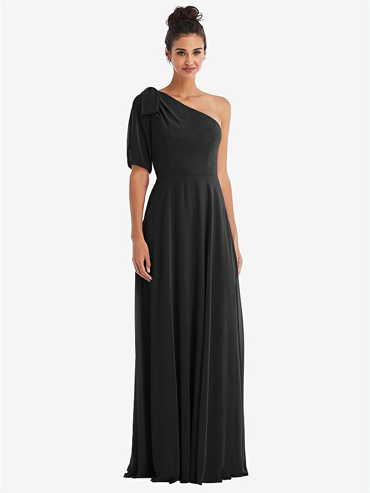 【STYLE: TH048】Bow One-Shoulder Flounce Sleeve Maxi Dress【COLOR: Black】