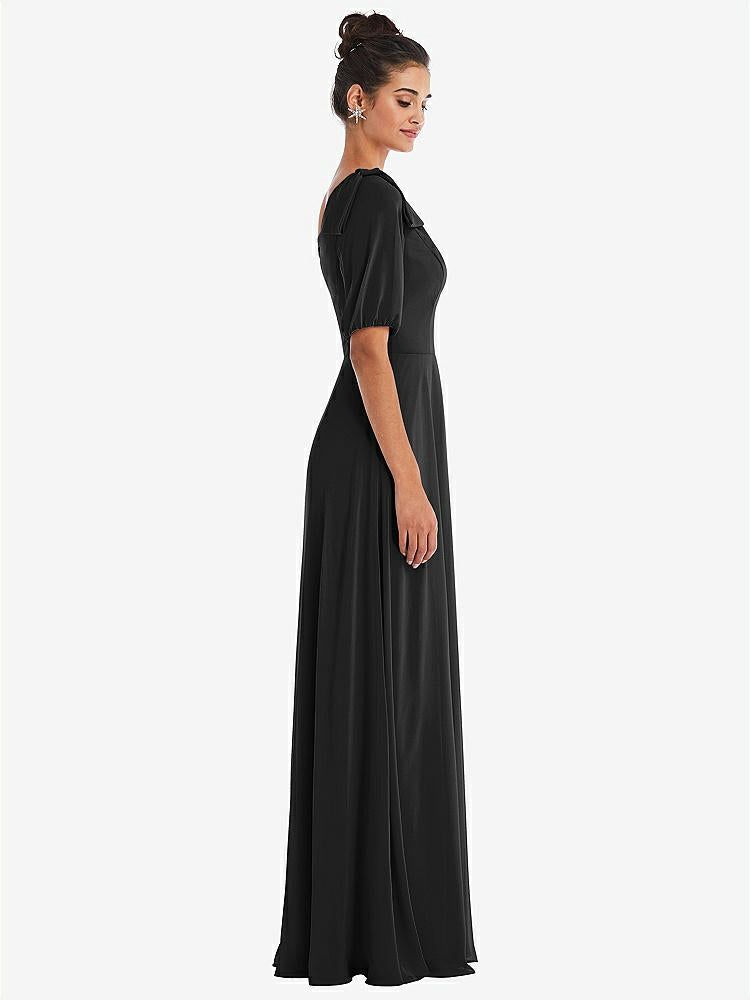 【STYLE: TH048】Bow One-Shoulder Flounce Sleeve Maxi Dress【COLOR: Black】