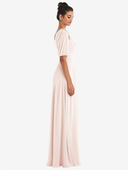 【STYLE: TH048】Bow One-Shoulder Flounce Sleeve Maxi Dress【COLOR: Blush】