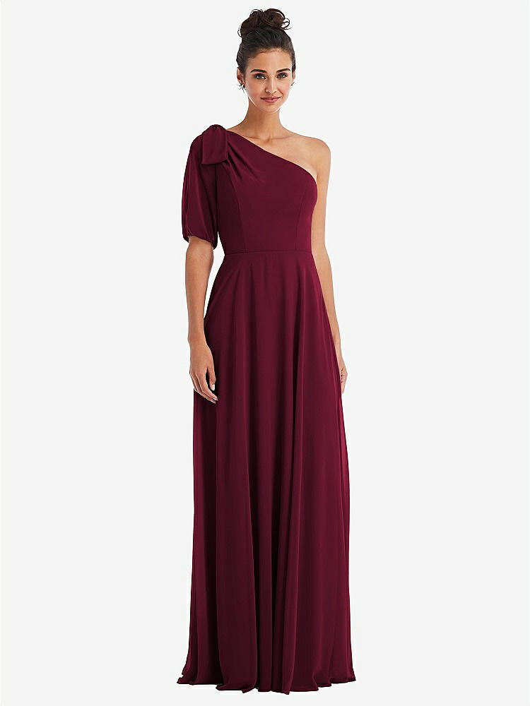 【STYLE: TH048】Bow One-Shoulder Flounce Sleeve Maxi Dress【COLOR: Cabernet】