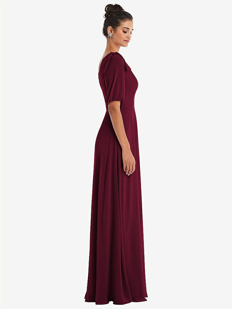 【STYLE: TH048】Bow One-Shoulder Flounce Sleeve Maxi Dress【COLOR: Cabernet】