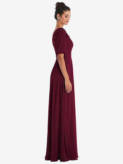 【STYLE: TH048】Bow One-Shoulder Flounce Sleeve Maxi Dress【COLOR: Cabernet】
