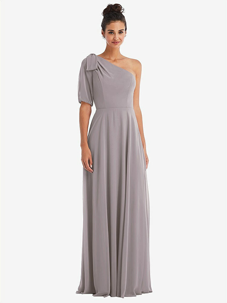 【STYLE: TH048】Bow One-Shoulder Flounce Sleeve Maxi Dress【COLOR: Cashmere Gray】