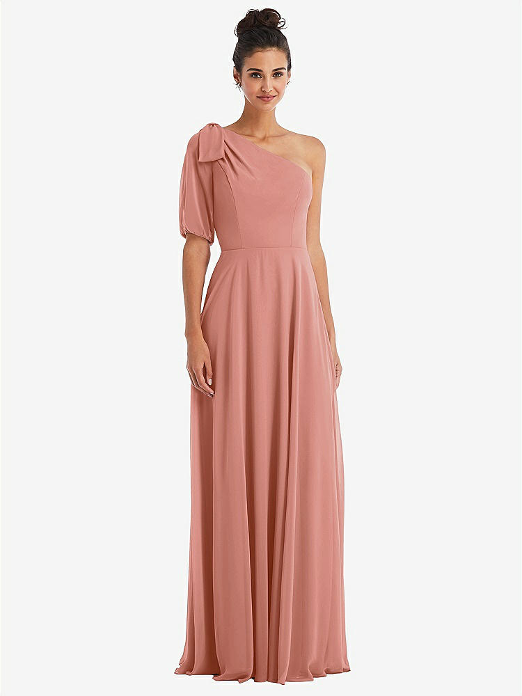 【STYLE: TH048】Bow One-Shoulder Flounce Sleeve Maxi Dress【COLOR: Desert Rose】