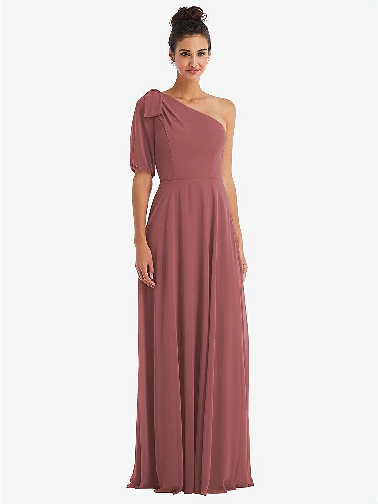 【STYLE: TH048】Bow One-Shoulder Flounce Sleeve Maxi Dress【COLOR: English Rose】