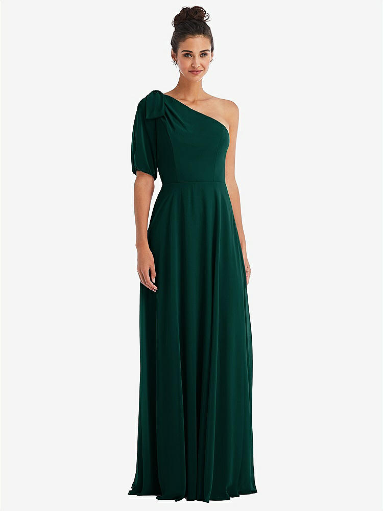 【STYLE: TH048】Bow One-Shoulder Flounce Sleeve Maxi Dress【COLOR: Evergreen】