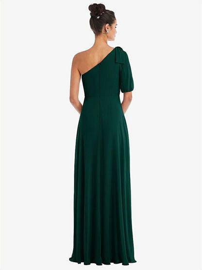 【STYLE: TH048】Bow One-Shoulder Flounce Sleeve Maxi Dress【COLOR: Evergreen】