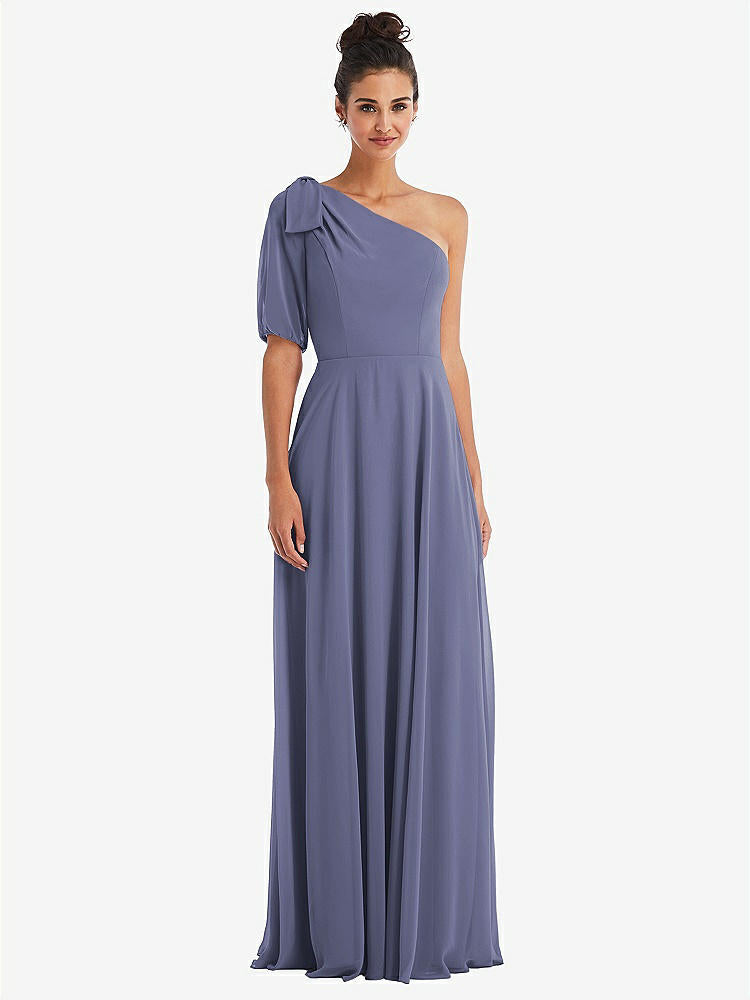 【NEW】【STYLE: TH048】弓 ワンショルダー フラウンス 袖 マキシ ドレス【COLOR: French Blue】【SIZE: 00-30W】