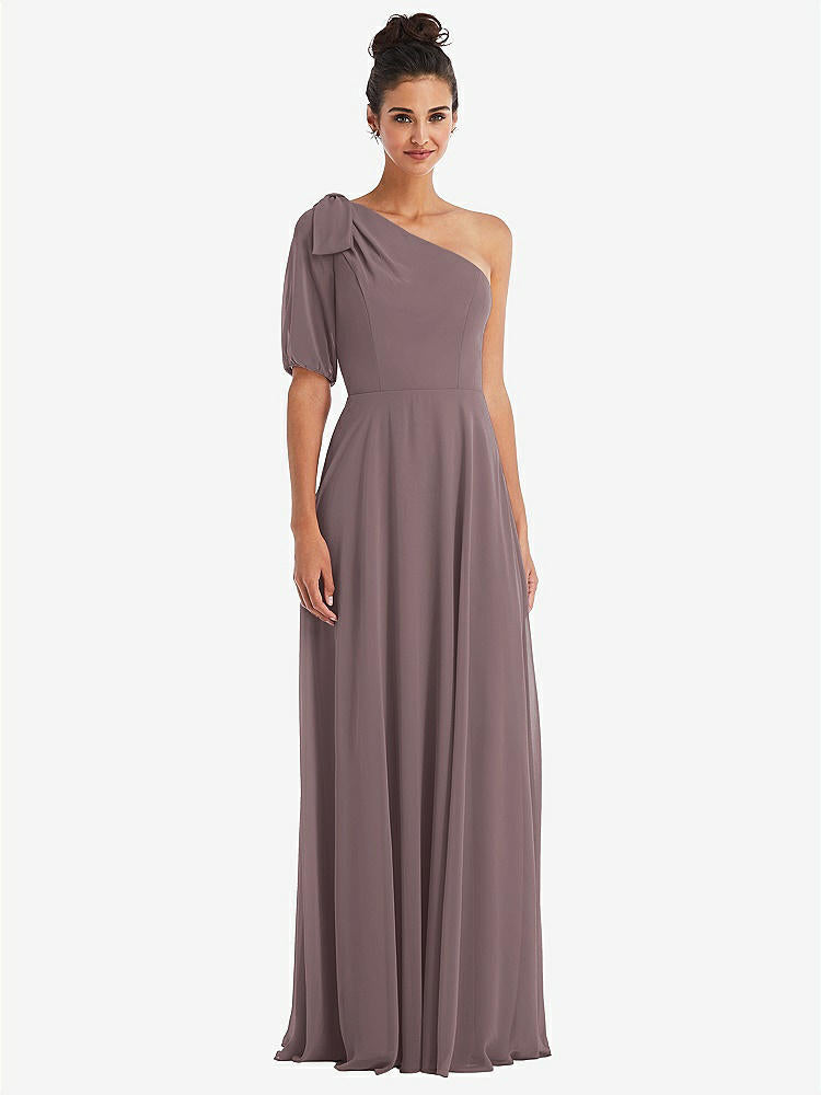 【STYLE: TH048】Bow One-Shoulder Flounce Sleeve Maxi Dress【COLOR: French Truffle】