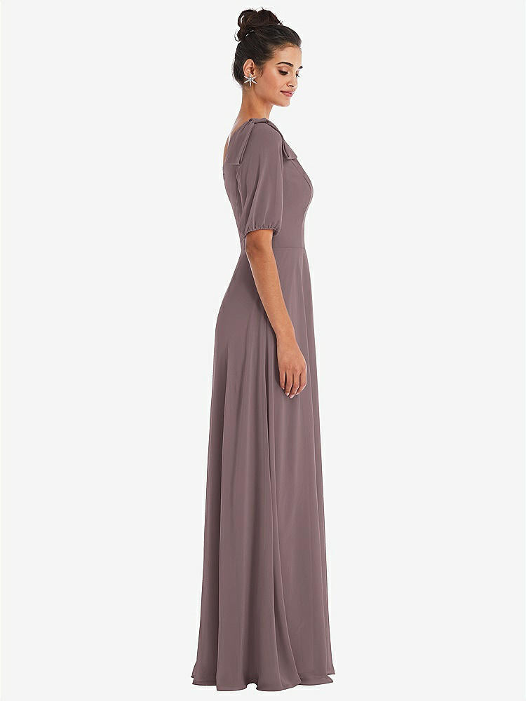 【STYLE: TH048】Bow One-Shoulder Flounce Sleeve Maxi Dress【COLOR: French Truffle】
