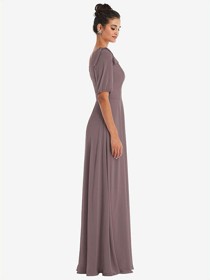 【STYLE: TH048】Bow One-Shoulder Flounce Sleeve Maxi Dress【COLOR: French Truffle】