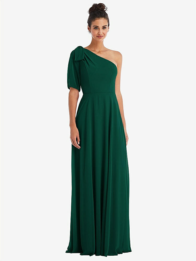 【STYLE: TH048】Bow One-Shoulder Flounce Sleeve Maxi Dress【COLOR: Hunter Green】