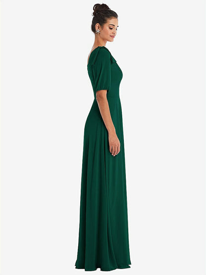 【STYLE: TH048】Bow One-Shoulder Flounce Sleeve Maxi Dress【COLOR: Hunter Green】