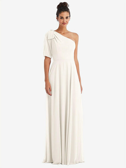 【STYLE: TH048】Bow One-Shoulder Flounce Sleeve Maxi Dress【COLOR: Ivory】