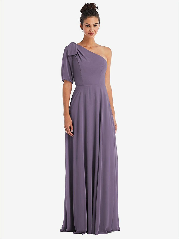 【NEW】【STYLE: TH048】弓 ワンショルダー フラウンス 袖 マキシ ドレス【COLOR: Lavender】【SIZE: 00-30W】