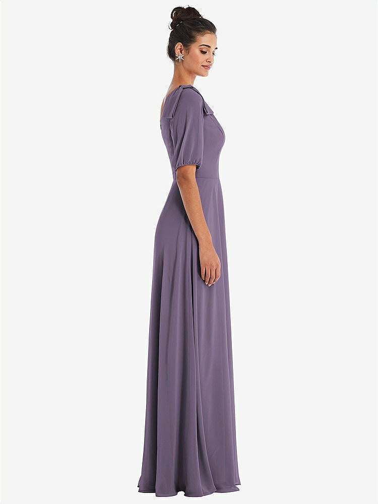 【NEW】【STYLE: TH048】弓 ワンショルダー フラウンス 袖 マキシ ドレス【COLOR: Lavender】【SIZE: 00-30W】