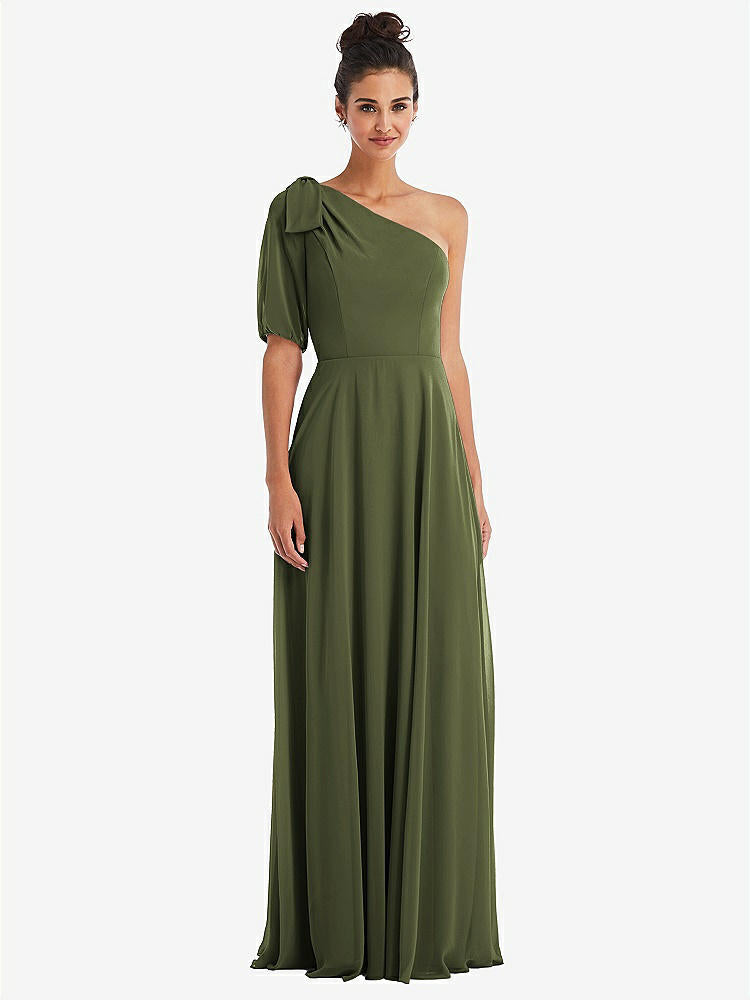 【STYLE: TH048】Bow One-Shoulder Flounce Sleeve Maxi Dress【COLOR: Olive Green】