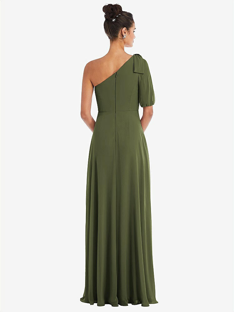 【STYLE: TH048】Bow One-Shoulder Flounce Sleeve Maxi Dress【COLOR: Olive Green】