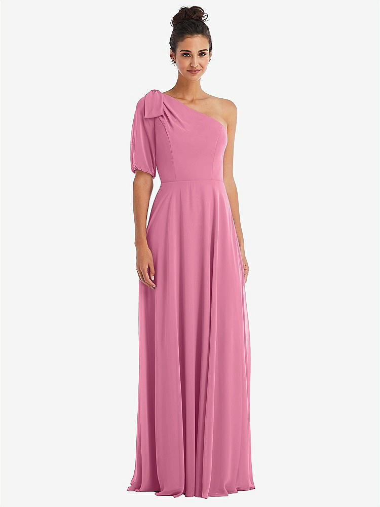 【STYLE: TH048】Bow One-Shoulder Flounce Sleeve Maxi Dress【COLOR: Orchid Pink】