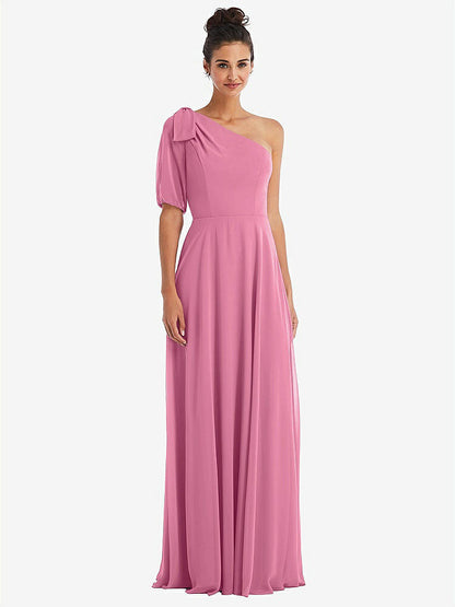 【STYLE: TH048】Bow One-Shoulder Flounce Sleeve Maxi Dress【COLOR: Orchid Pink】