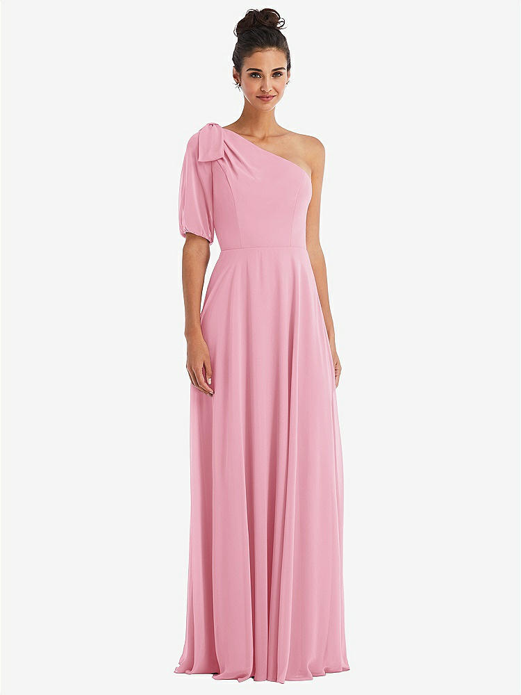 【STYLE: TH048】Bow One-Shoulder Flounce Sleeve Maxi Dress【COLOR: Peony Pink】