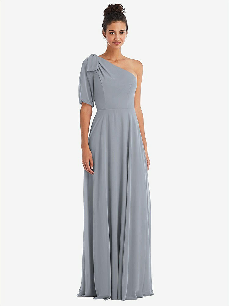 【STYLE: TH048】Bow One-Shoulder Flounce Sleeve Maxi Dress【COLOR: Platinum】