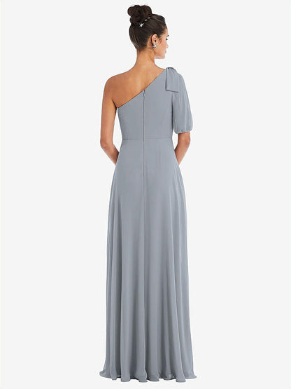 【STYLE: TH048】Bow One-Shoulder Flounce Sleeve Maxi Dress【COLOR: Platinum】