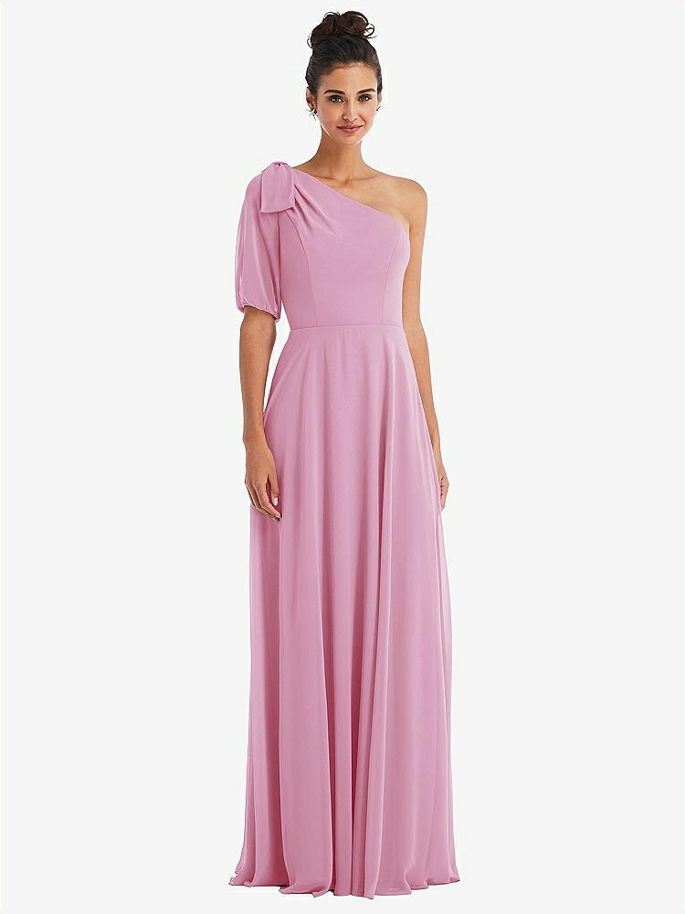【STYLE: TH048】Bow One-Shoulder Flounce Sleeve Maxi Dress【COLOR: Powder Pink】
