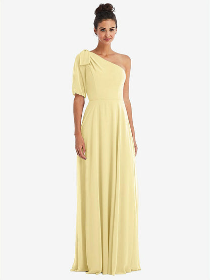 【STYLE: TH048】Bow One-Shoulder Flounce Sleeve Maxi Dress【COLOR: Pale Yellow】