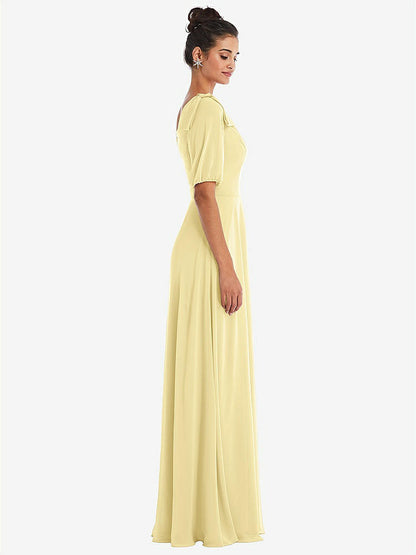【STYLE: TH048】Bow One-Shoulder Flounce Sleeve Maxi Dress【COLOR: Pale Yellow】