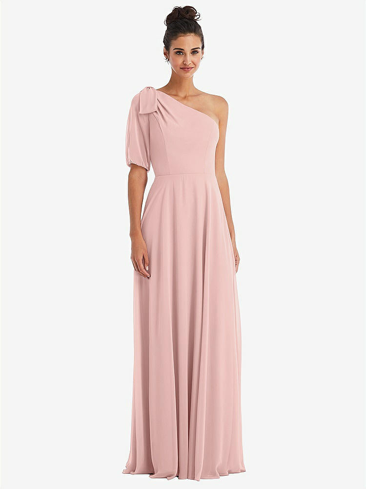 【STYLE: TH048】Bow One-Shoulder Flounce Sleeve Maxi Dress【COLOR: Rose - PANTONE Rose Quartz】