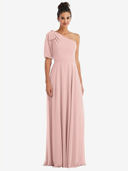【STYLE: TH048】Bow One-Shoulder Flounce Sleeve Maxi Dress【COLOR: Rose - PANTONE Rose Quartz】