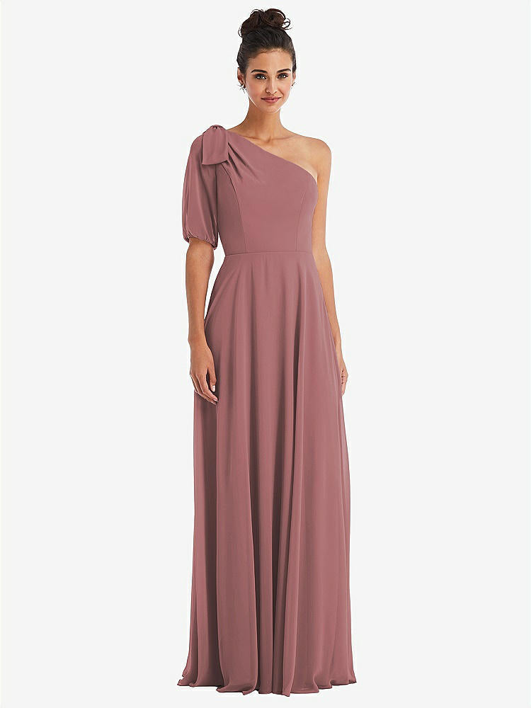 【STYLE: TH048】Bow One-Shoulder Flounce Sleeve Maxi Dress【COLOR: Rosewood】