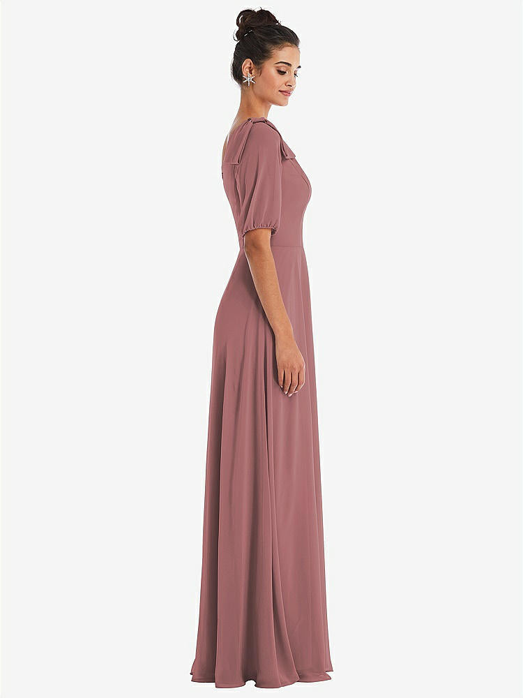 【STYLE: TH048】Bow One-Shoulder Flounce Sleeve Maxi Dress【COLOR: Rosewood】