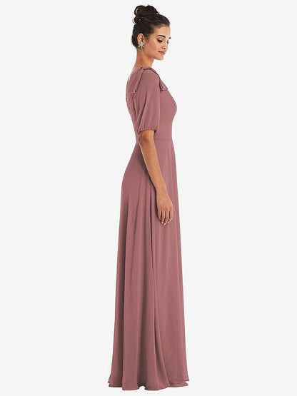 【STYLE: TH048】Bow One-Shoulder Flounce Sleeve Maxi Dress【COLOR: Rosewood】