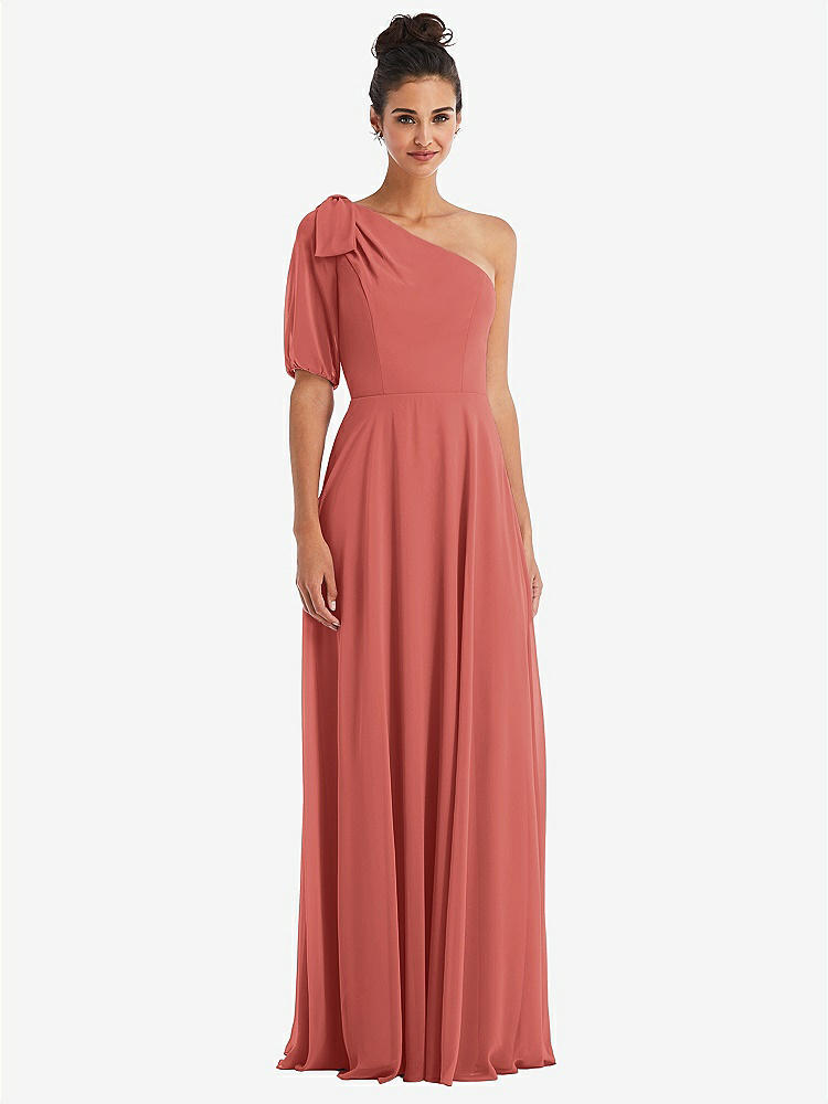【STYLE: TH048】Bow One-Shoulder Flounce Sleeve Maxi Dress【COLOR: Coral Pink】