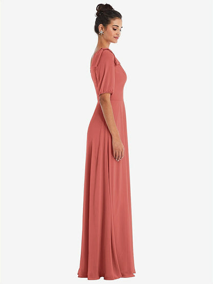 【STYLE: TH048】Bow One-Shoulder Flounce Sleeve Maxi Dress【COLOR: Coral Pink】