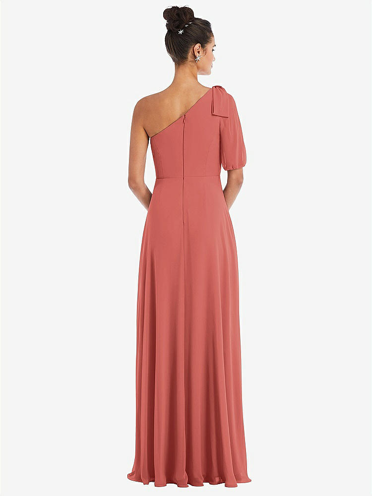 【STYLE: TH048】Bow One-Shoulder Flounce Sleeve Maxi Dress【COLOR: Coral Pink】