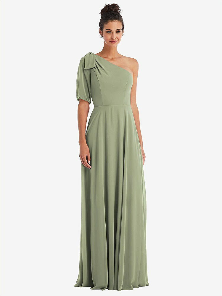 【STYLE: TH048】Bow One-Shoulder Flounce Sleeve Maxi Dress【COLOR: Sage】